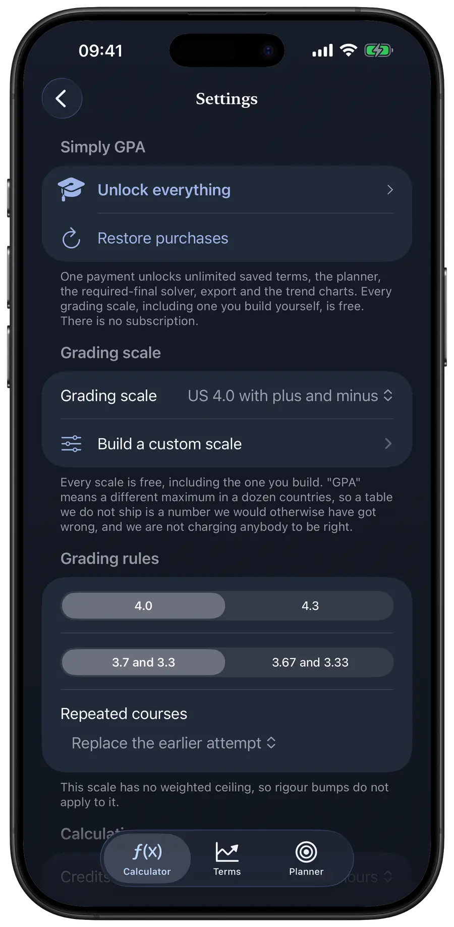 The Simply GPA settings screen showing the grading scale picker