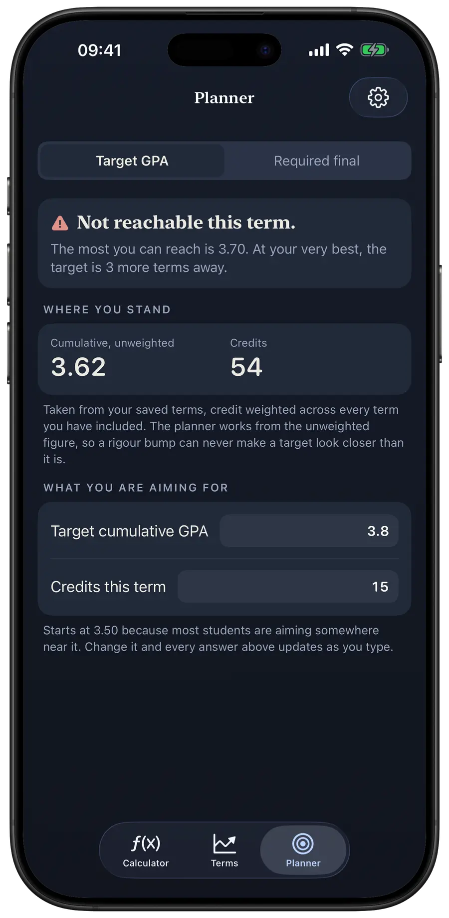 The planner stating that a target GPA cannot be reached this term, with the reachable figure beside it